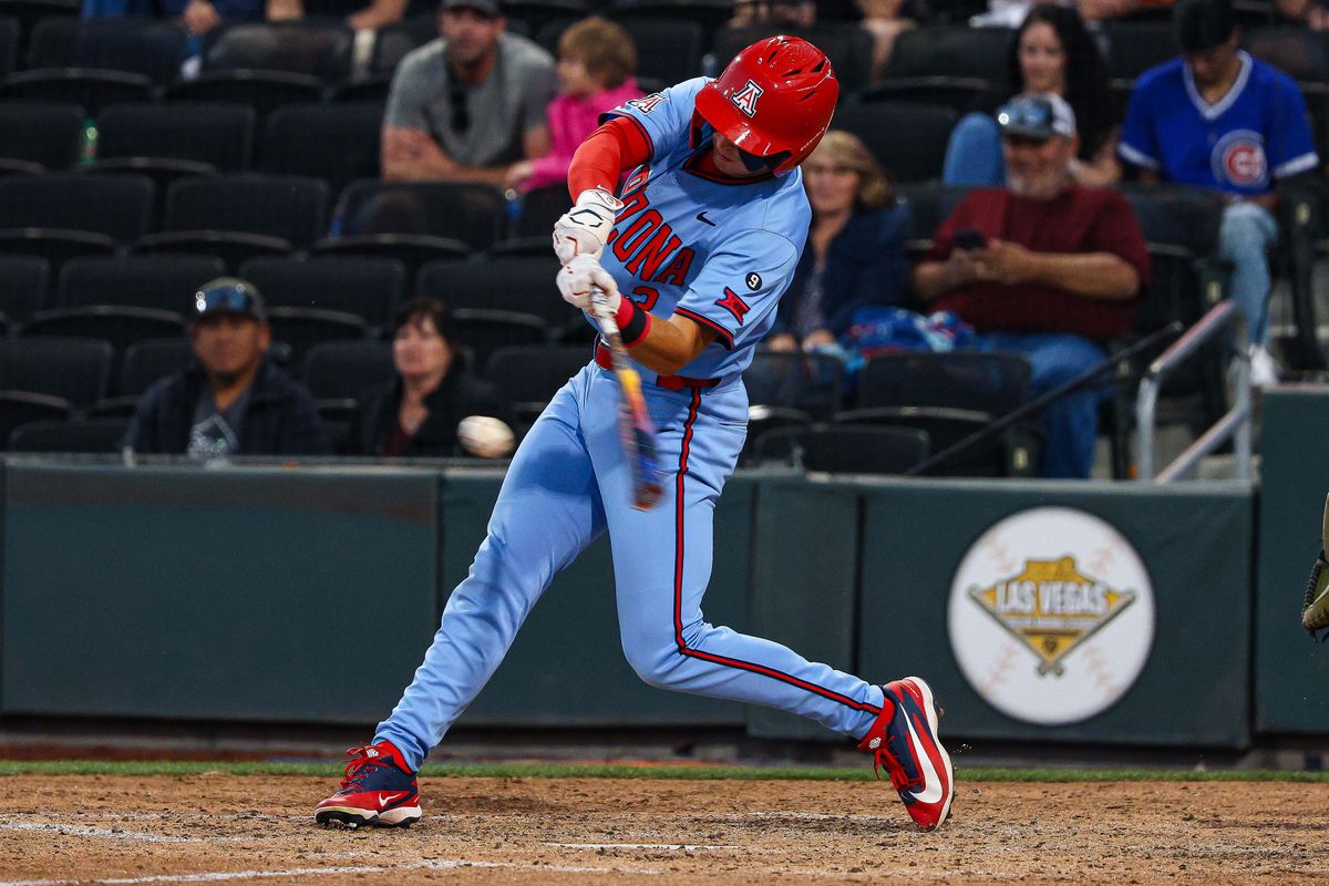 Arizona Wildcats OF Andrew Cain (3) hits a base knock against the Vanderbilt Commodores at the 2026 Live Like Lou Las Vegas College Baseball Classic on Saturday, February 28, 2026, at Las Vegas Ballpark in Las Vegas, Nevada. 
