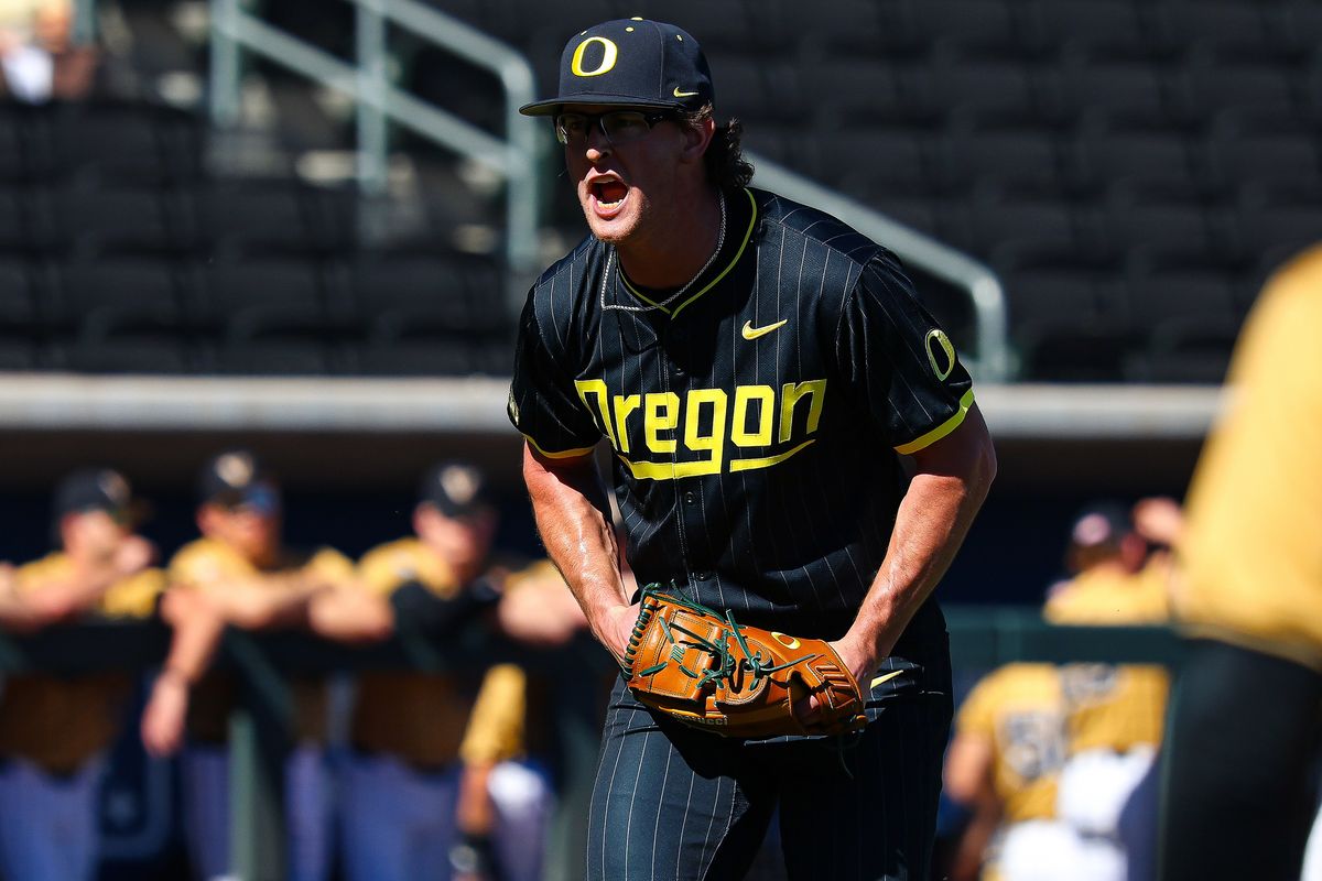 Potential MLB Draftee Oregon Ducks RHP Cal Scolari (37) reacts after striking out the side against the Vanderbilt Commodores at the 2026 Live Like Lou Las Vegas College Baseball Classic on Sunday, March 1, 2026 at Las Vegas Ballpark in Las Vegas, Nevada. 