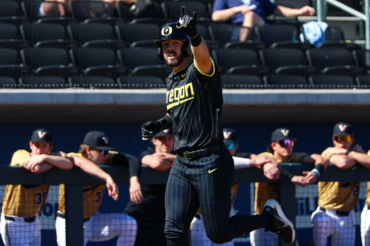 Oregon Ducks 1B Gabe Miranda (26) points towards his dugout after hitting a home run against the Vanderbilt Commodores at the 2026 Live Like Lou Las Vegas College Baseball Classic on Sunday, March 1, 2026 at Las Vegas Ballpark in Las Vegas, Nevada. 