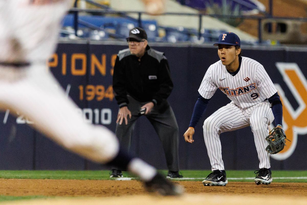 CSUF infielder Cameron Kim (9) stays ready before the pitch during an NCAA Baseball game against the CBU Lancers on February 13, 2026 in Fullerton, California. CSUF infielder Cameron Kim (9) stays ready before the pitch during an NCAA Baseball game against the CBU Lancers on February 13, 2026 in Fullerton, California.