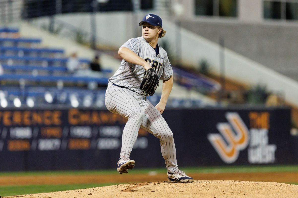 CBU Lancers pitcher Cody New (21) pitches during an NCAA Baseball game against the CSUF Titans on February 13, 2026 in Fullerton, California. CBU Lancers pitcher Cody New (21) pitches during an NCAA Baseball game against the CSUF Titans on February 13, 2026 in Fullerton, California.
