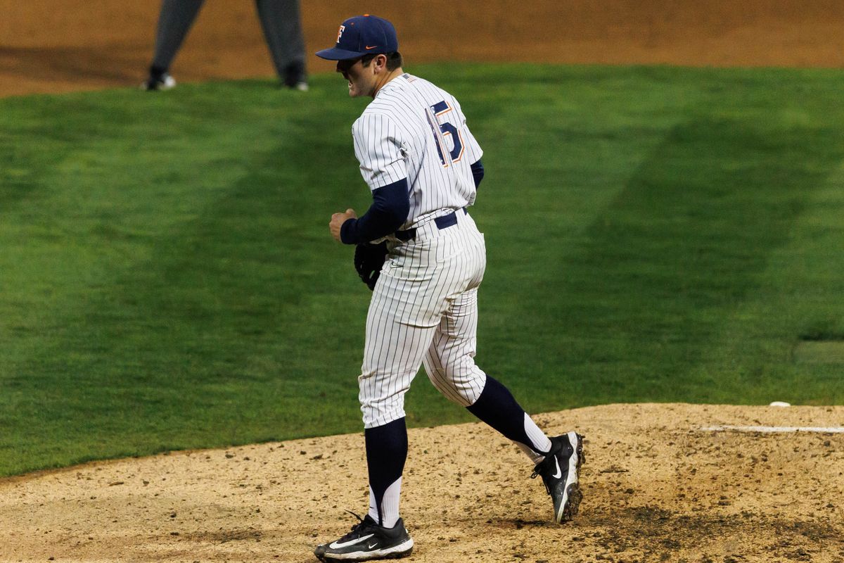CSUF Titans pitcher Andrew Wright (15) celebrates after an inning-ending strikeout during an NCAA Baseball game against the CBU Lancers on February 13, 2026 in Fullerton, California. CSUF Titans pitcher Andrew Wright (15) celebrates after an inning-ending strikeout during an NCAA Baseball game against the CBU Lancers on February 13, 2026 in Fullerton, California.