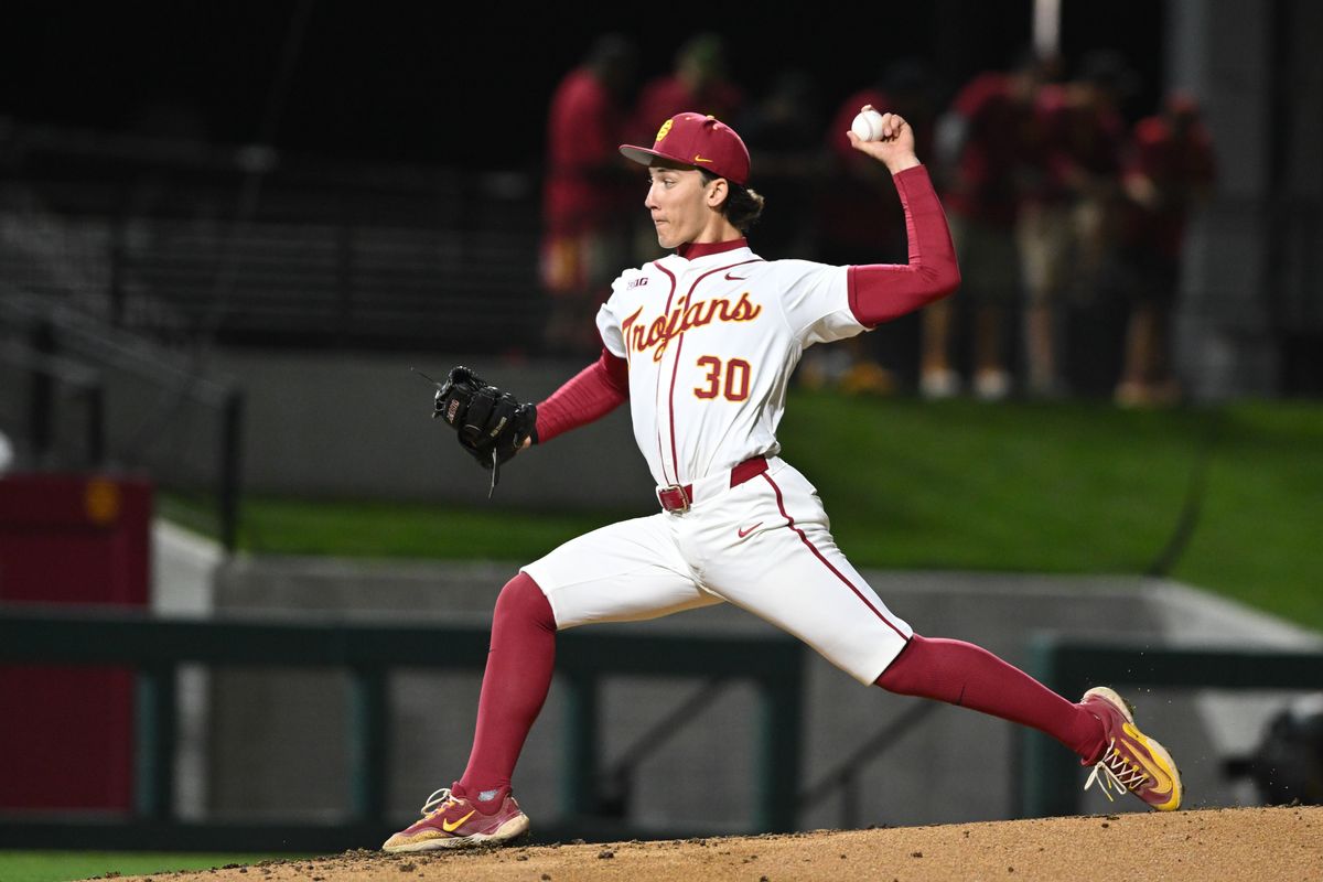 USC Trojan pitcher Mason Edwards (30) throws a pitch during an NCAA Men's baseball game between the USC Trojans and Pepperdine Wave Friday February 13,2026 at Dedeaux Field in Los Angeles Calif