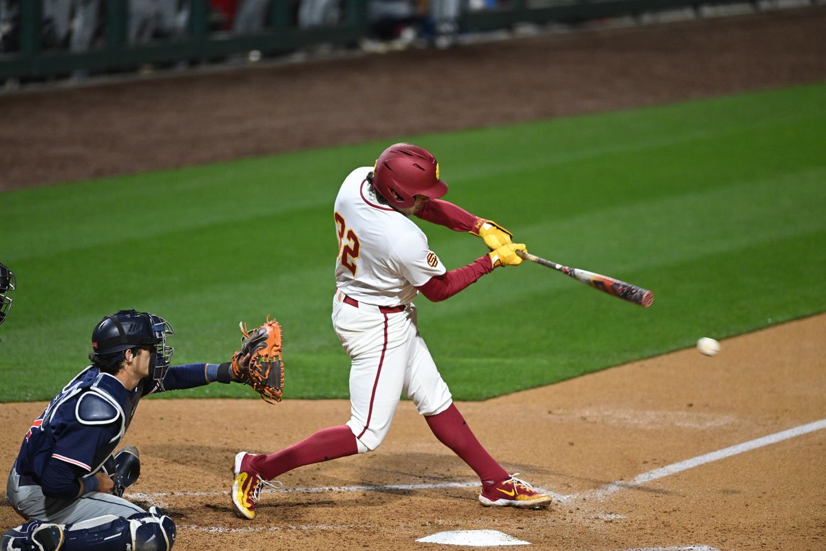 USC Trojan catcher Richard Tejeda (32) swings a foul ball during an NCAA Men's baseball game between the USC Trojans and Pepperdine Wave Friday February 13,2026 at Dedeaux Field in Los Angeles Calif