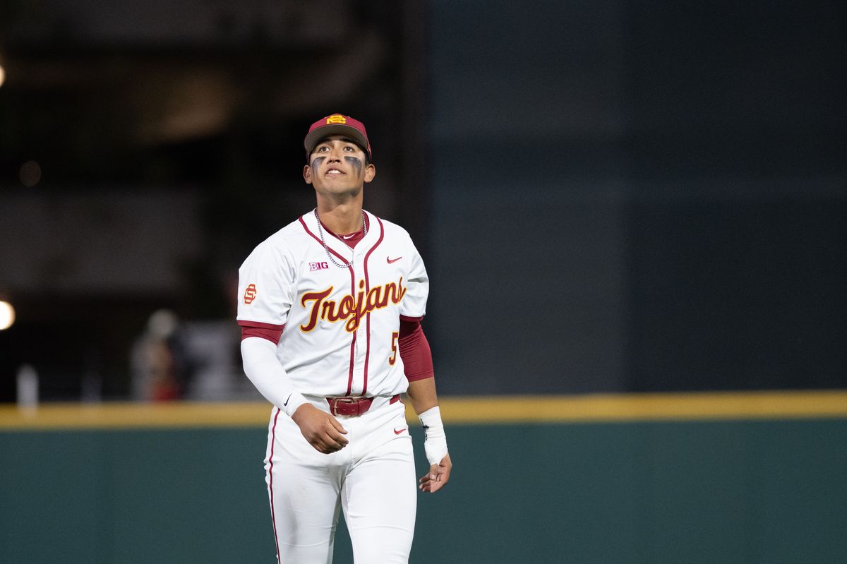 USC Trojan infielder Dean Carpentier (6) tags a player out during an NCAA Men's baseball game between the USC Trojans and Pepperdine Wave Friday February 13,2026 at Dedeaux Field in Los Angeles Calif