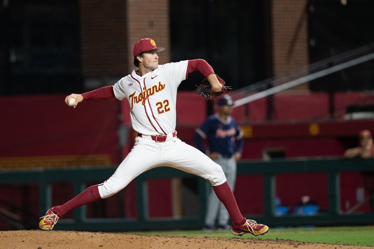 USC Trojan pitcher Caden Hunter (22) throws a pitch during an NCAA Men's baseball game between the USC Trojans and Pepperdine Wave Friday February 13,2026 at Dedeaux Field in Los Angeles Calif