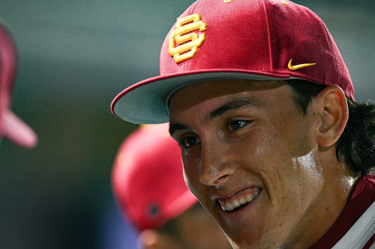 USC Trojan pitcher Mason Edwardds (30) reacts with team mates after the first inning during an NCAA Men's baseball game between the USC Trojans and Pepperdine Wave Friday February 13,2026 at Dedeaux Field in Los Angeles Calif