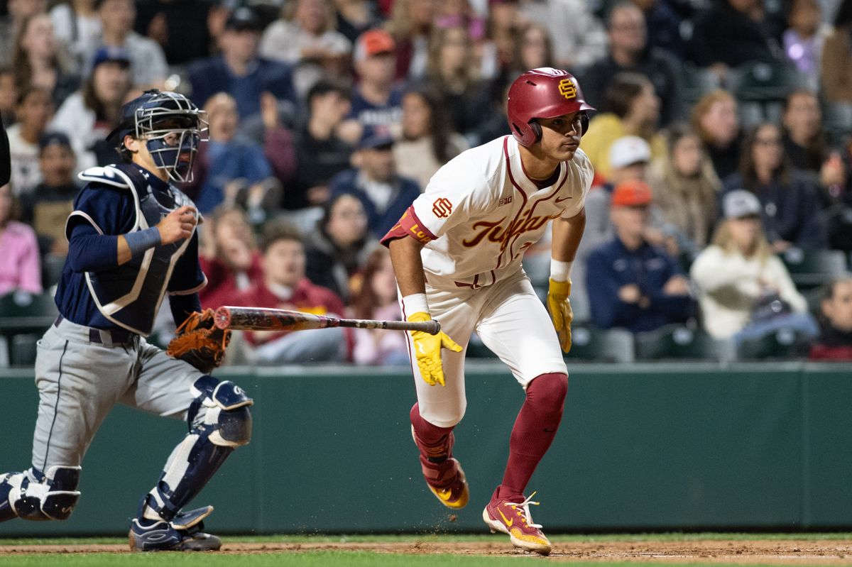 USC Trojan catcher Augie Lopez (5) runs after a base hit during an NCAA Men's baseball game between the USC Trojans and Pepperdine Wave Friday February 13,2026 at Dedeaux Field in Los Angeles Calif