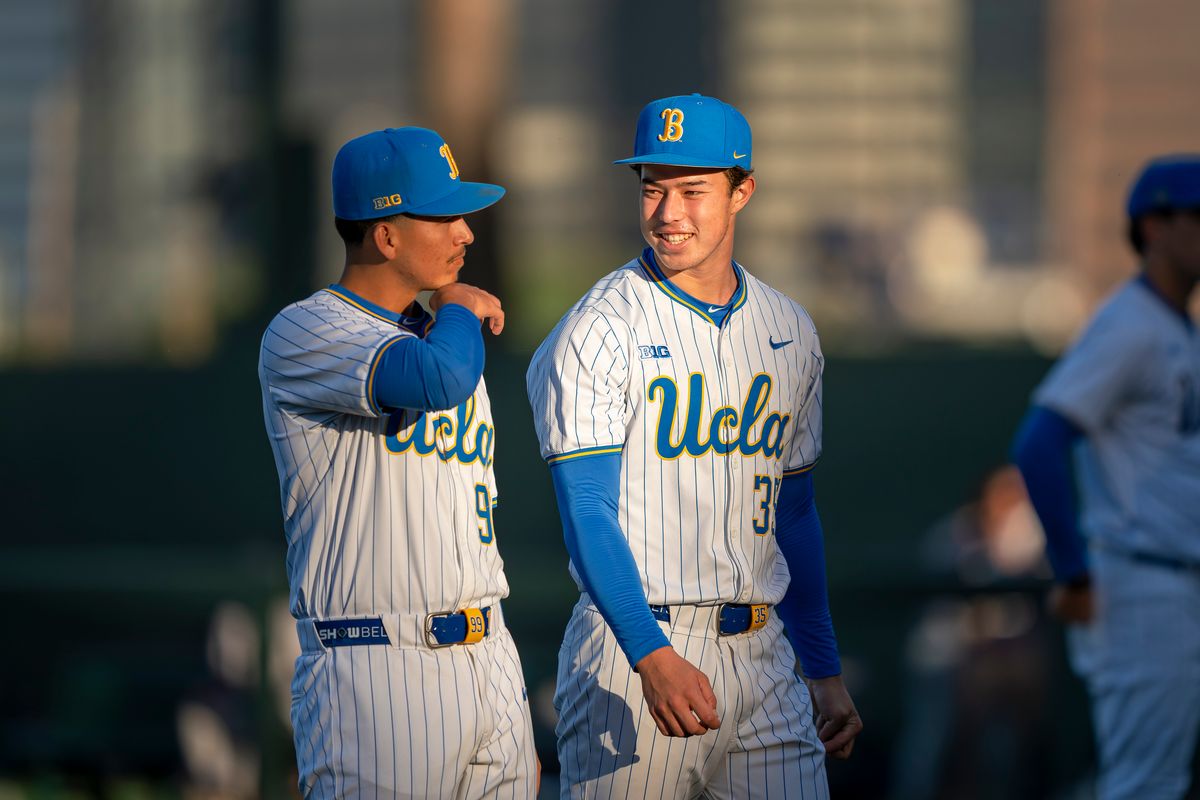 UCLA pitcher, Hayden George (35) warming up before a NCAA baseball game against UC San Diego on February 13, 2026 at Jackie Robinson Stadium in Los Angeles, CA.