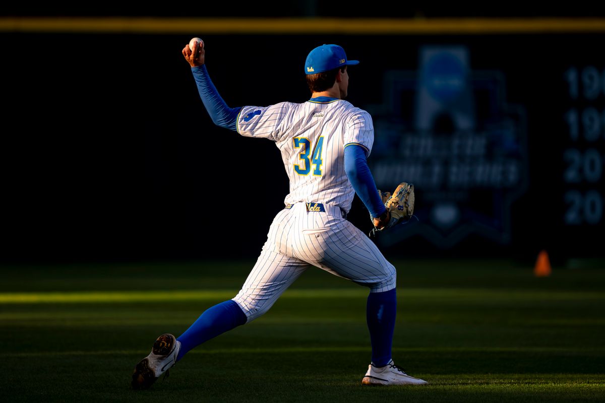 UCLA pitcher, Mack Edwards (34) warming up before a NCAA baseball game against UC San Diego on February 13, 2026 at Jackie Robinson Stadium in Los Angeles, CA.