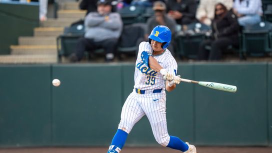 UCLA Mulivai Levu (39) at bat, mid hit during a NCAA baseball game against UC San Diego on February 13, 2026 at Jackie Robinson Stadium in Los Angeles, CA.