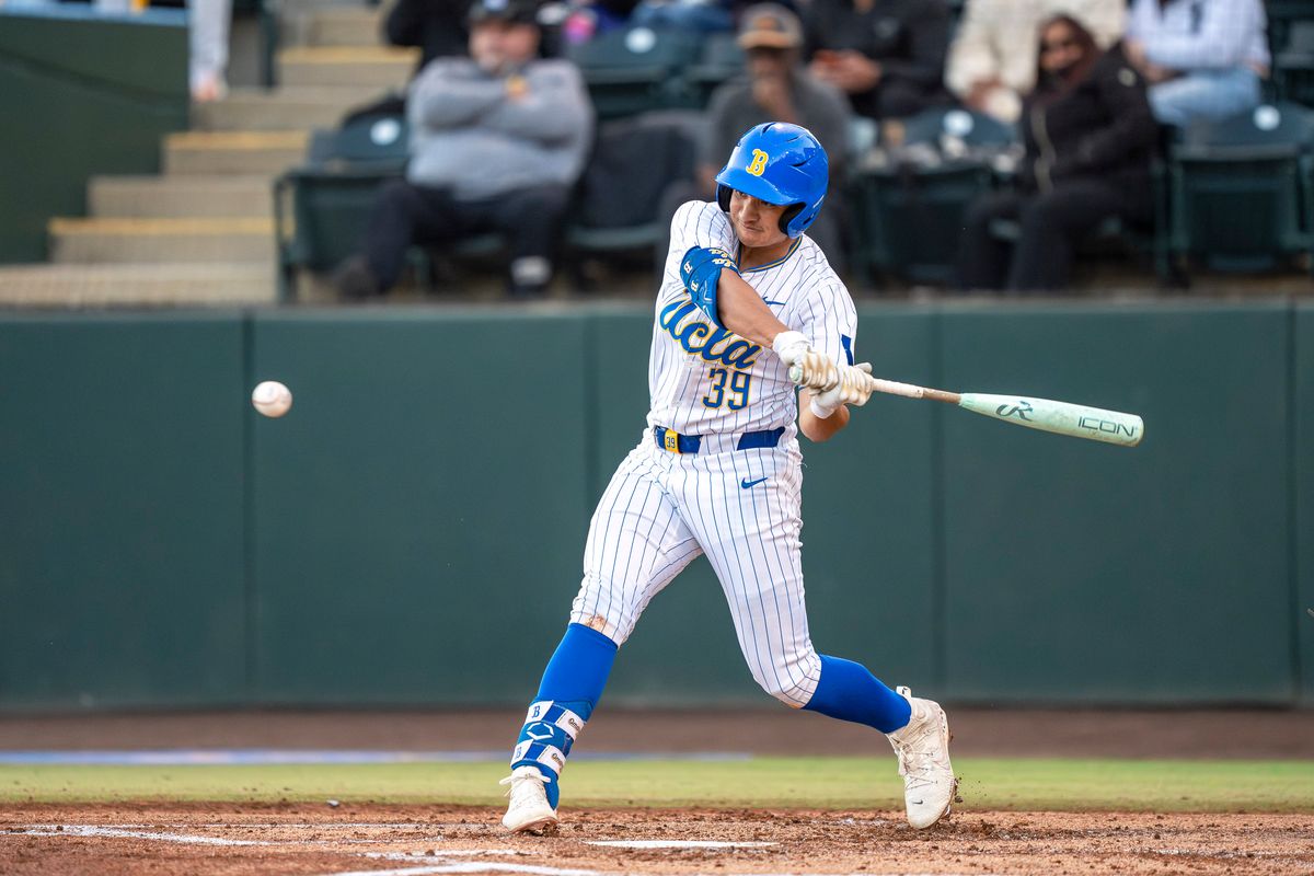 UCLA Mulivai Levu (39) at bat, mid hit during a NCAA baseball game against UC San Diego on February 13, 2026 at Jackie Robinson Stadium in Los Angeles, CA.