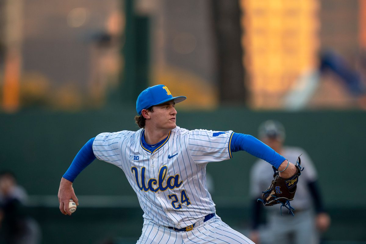 UCLA pitcher, Logan Reddemann (24) pitching during a NCAA baseball game against UC San Diego on February 13, 2026 at Jackie Robinson Stadium in Los Angeles, CA.