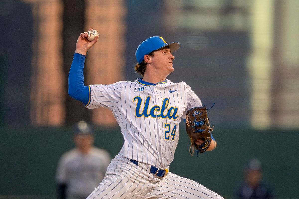 UCLA pitcher, Logan Reddemann (24) pitching during a NCAA baseball game against UC San Diego on February 13, 2026 at Jackie Robinson Stadium in Los Angeles, CA.