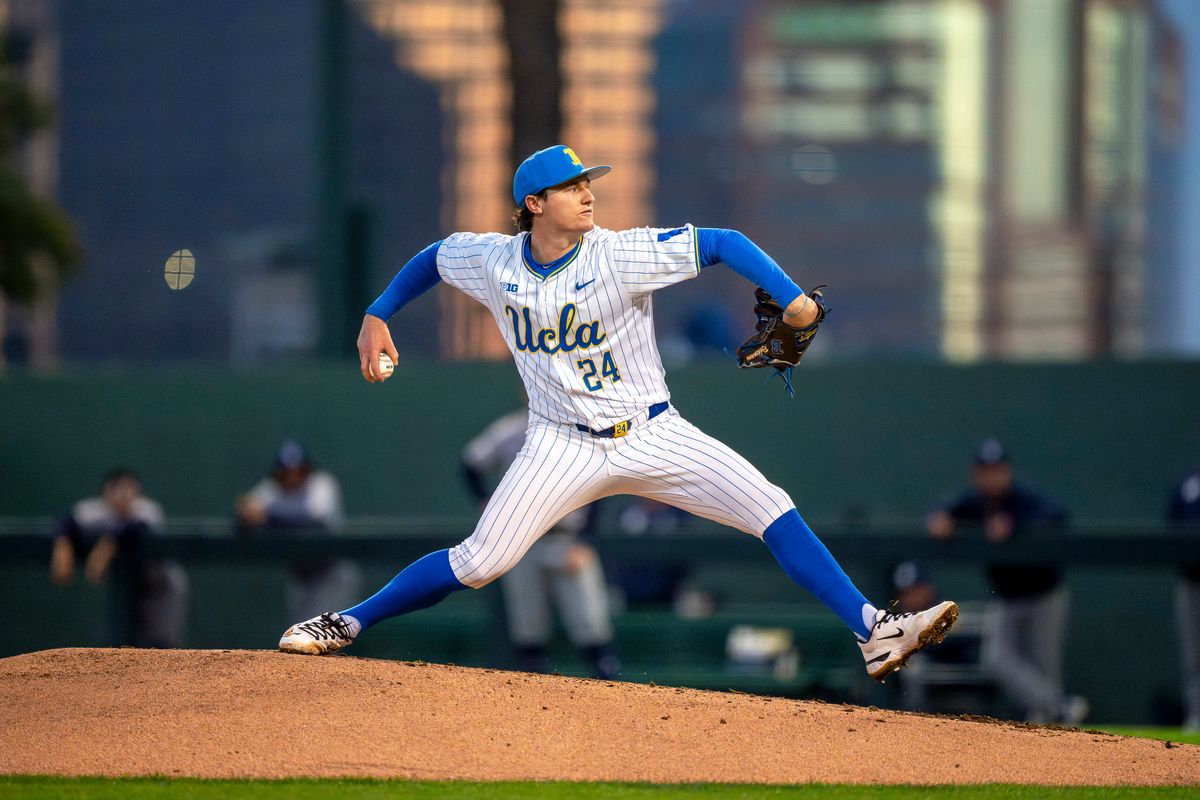 UCLA pitcher, Logan Reddeman (24) pitching during a NCAA baseball game against UC San Diego on February 13, 2026 at Jackie Robinson Stadium in Los Angeles, CA.