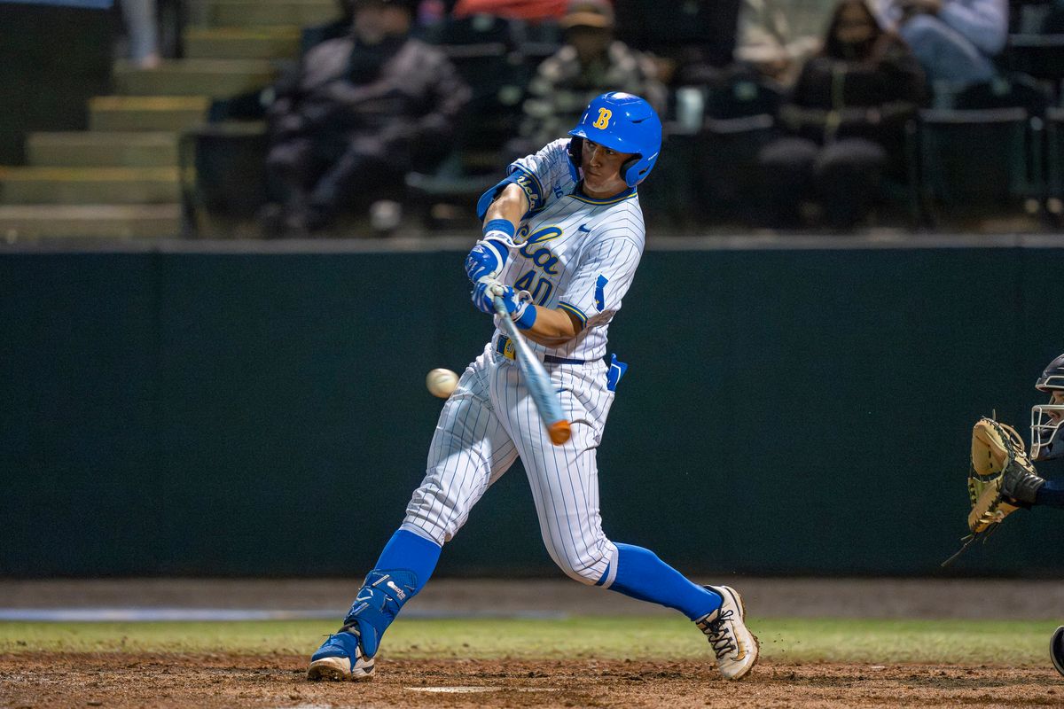 UCLA catcher, Cashel Dugger (40) at bat, mid-out during a NCAA baseball game against UC San Diego on February 13, 2026 at Jackie Robinson Stadium in Los Angeles, CA.