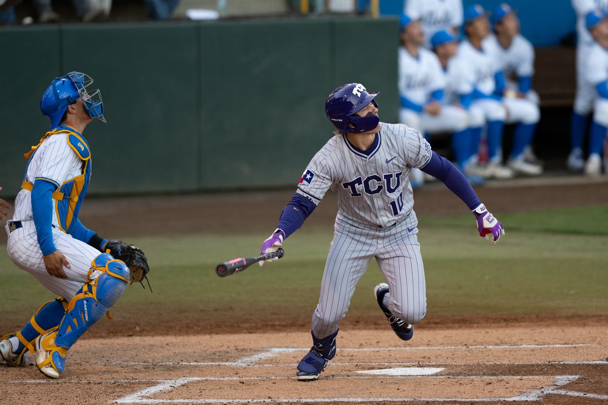 TCU outfielder Sawyer Strosnider heads to first base after putting the ball in play during a game between TCU and UCLA on Friday, February 20,2026 at Jackie Robinson Stadium in Los Angeles Calif