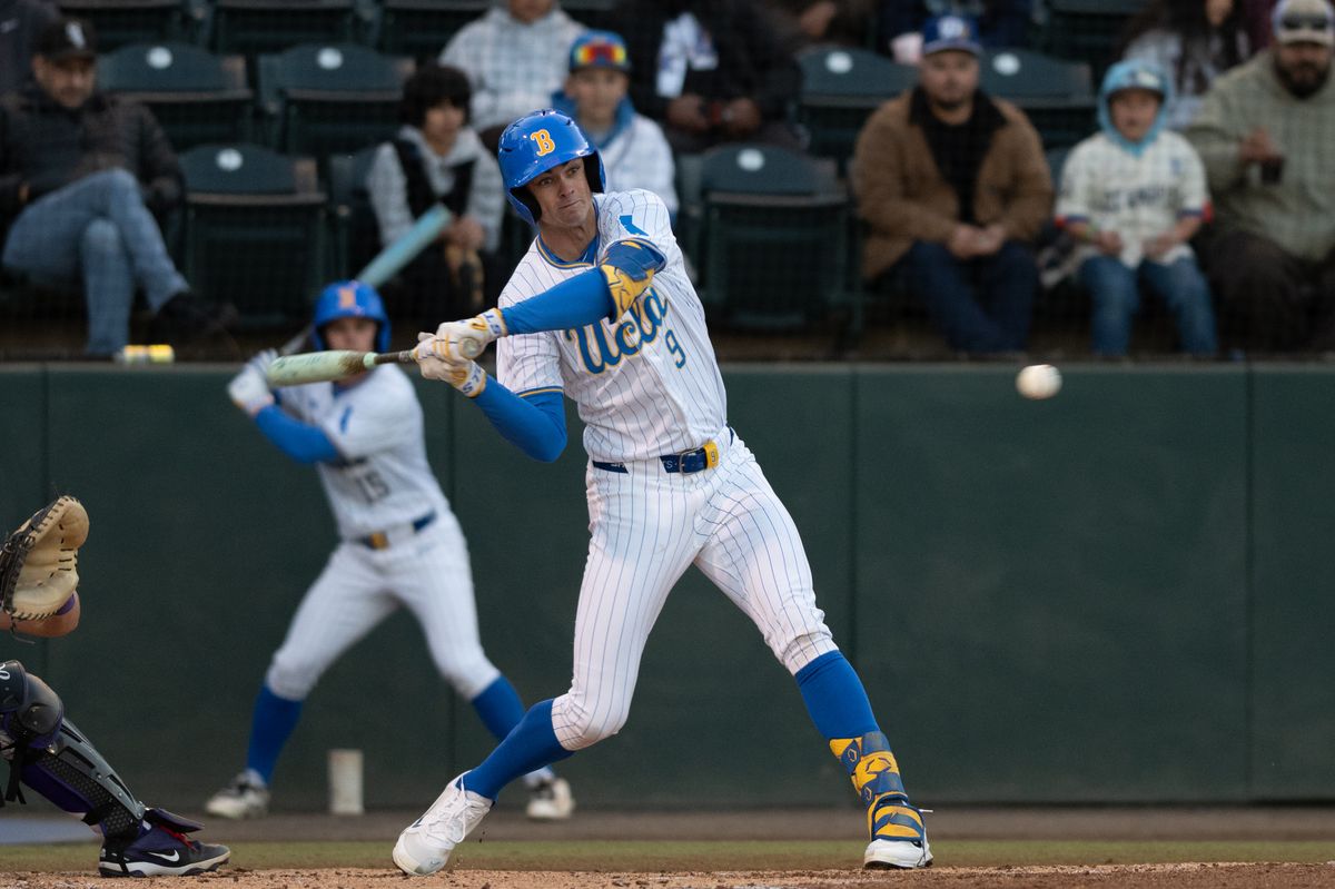 UCLA center fielder Will Gasparino (9) takes a swing at the pitch during a game between TCU and UCLA on Friday, February 20,2026 at Jackie Robinson Stadium in Los Angeles Calif