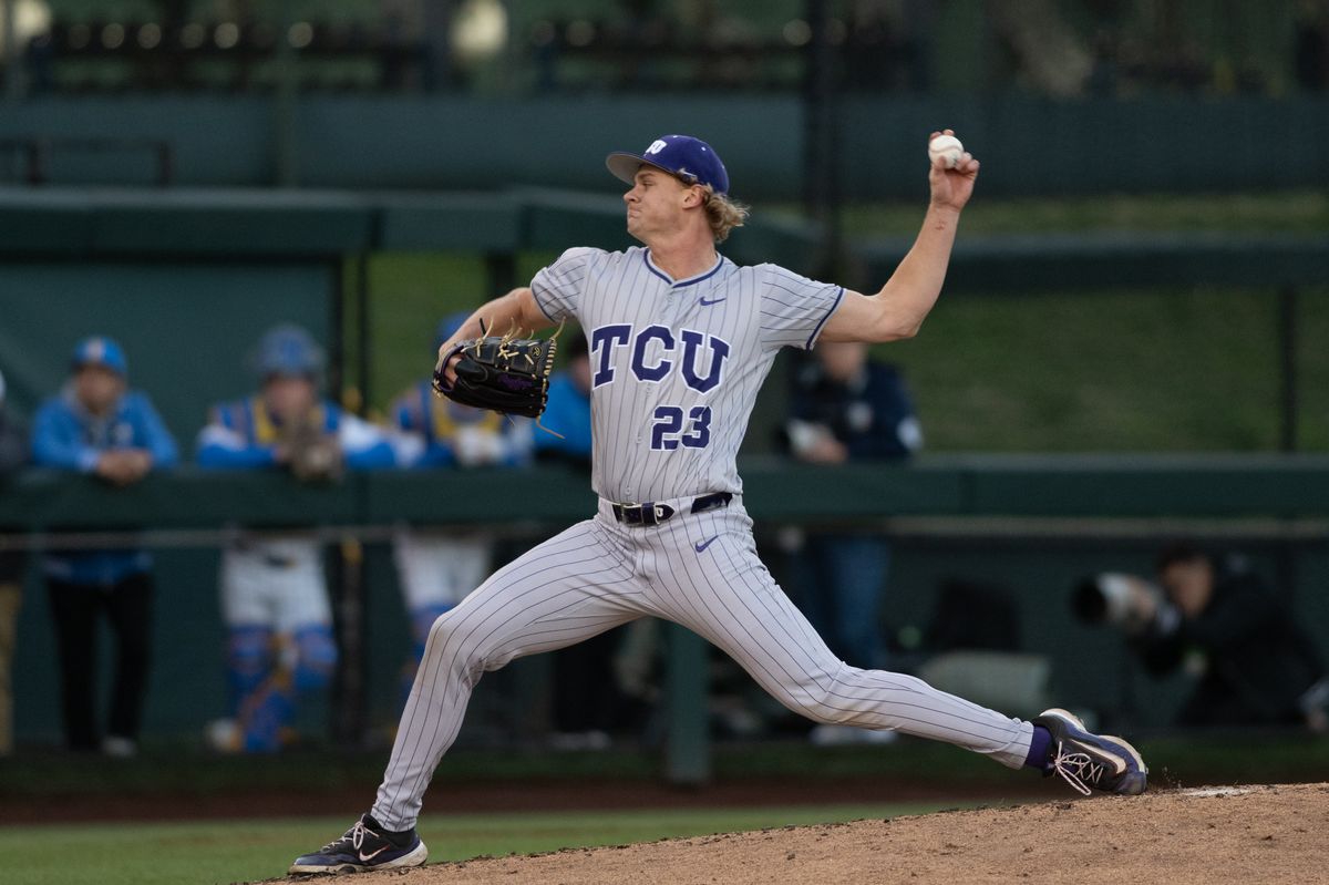 TCU pitcher Mason Brassfield (23) throws a pitch during a game between TCU and UCLA on Friday, February 20,2026 at Jackie Robinson Stadium in Los Angeles Calif