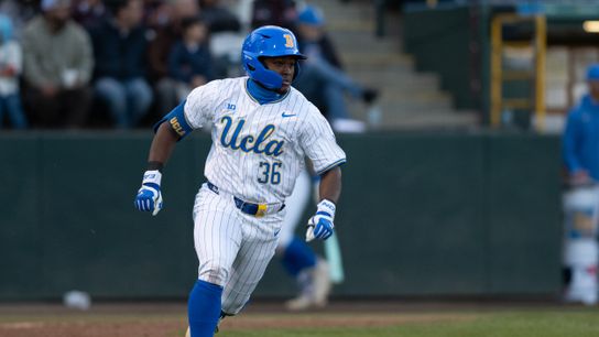 UCLA outfielder Dean West (36) sprints to first base during a game between TCU and UCLA on Friday, February 20,2026 at Jackie Robinson Stadium in Los Angeles Calif
