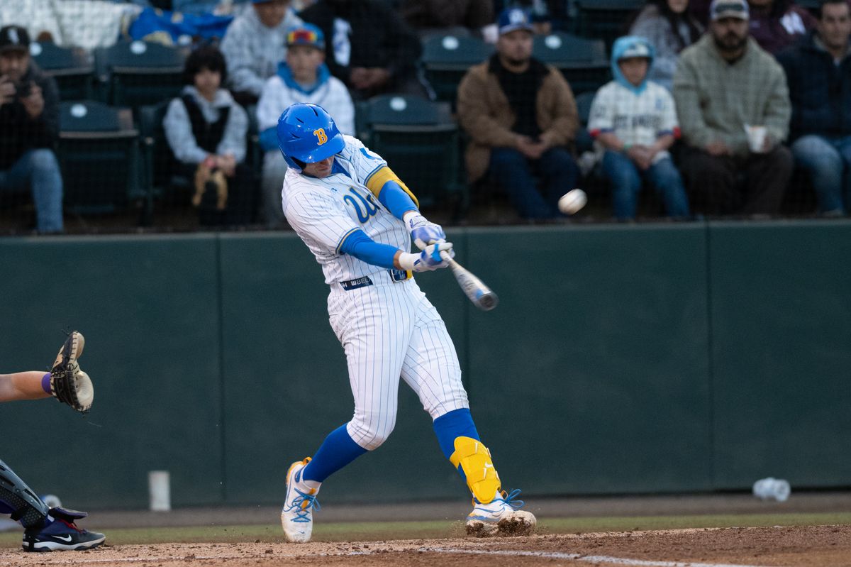 UCLA shorstop Roch Cholowsky (1) hits a homerun during a game between TCU and UCLA on Friday, February 20,2026 at Jackie Robinson Stadium in Los Angeles Calif