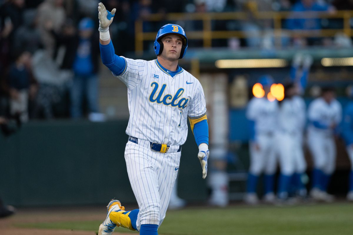 UCLA shorstop Roch Cholowsky (1) celebrates after hitting a homerun during a game between TCU and UCLA on Friday, February 20,2026 at Jackie Robinson Stadium in Los Angeles Calif