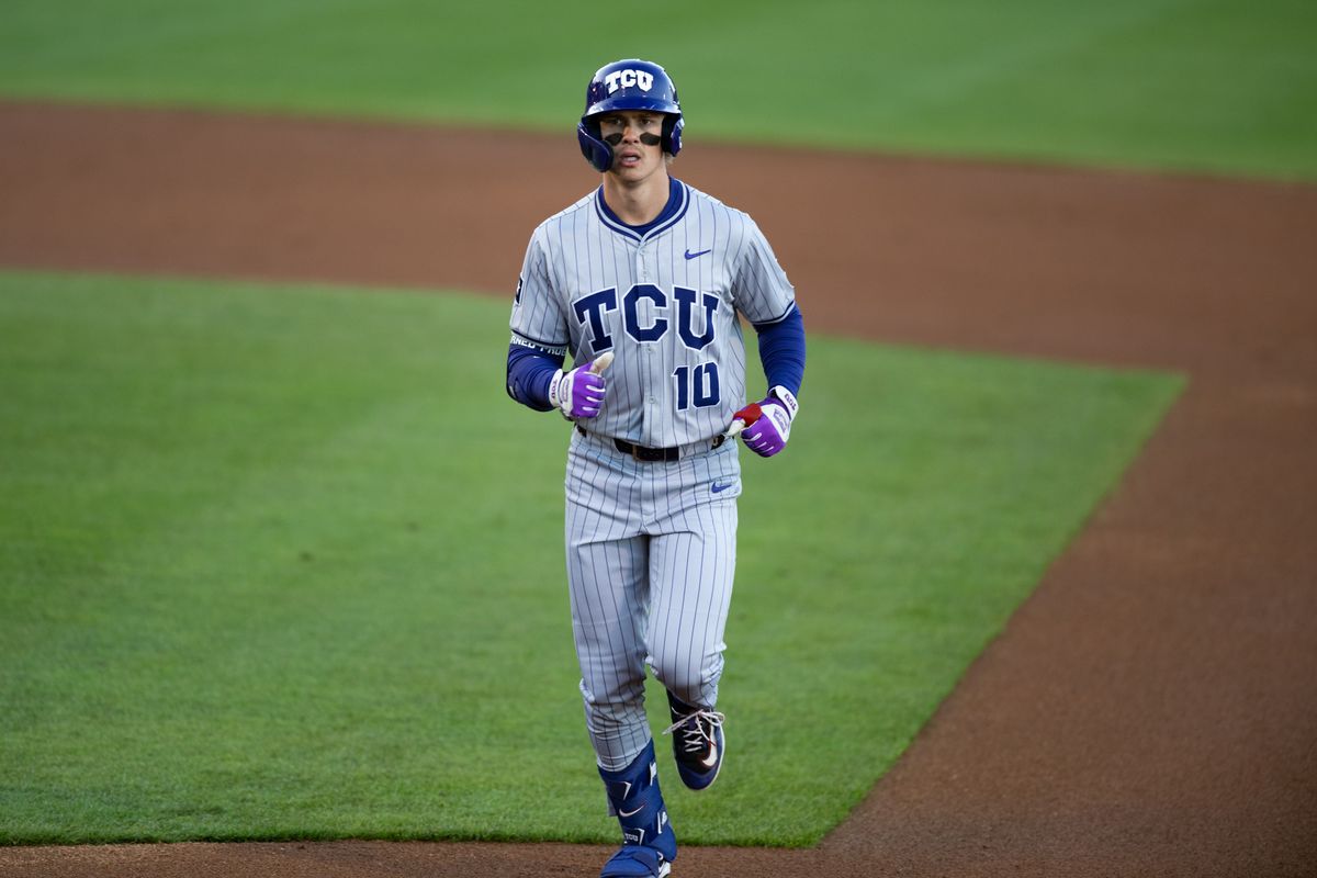TCU outfielder Sawyer Strosnider (10) jogs back after the end of an inning during a game between TCU and UCLA on Friday, February 20,2026 at Jackie Robinson Stadium in Los Angeles Calif