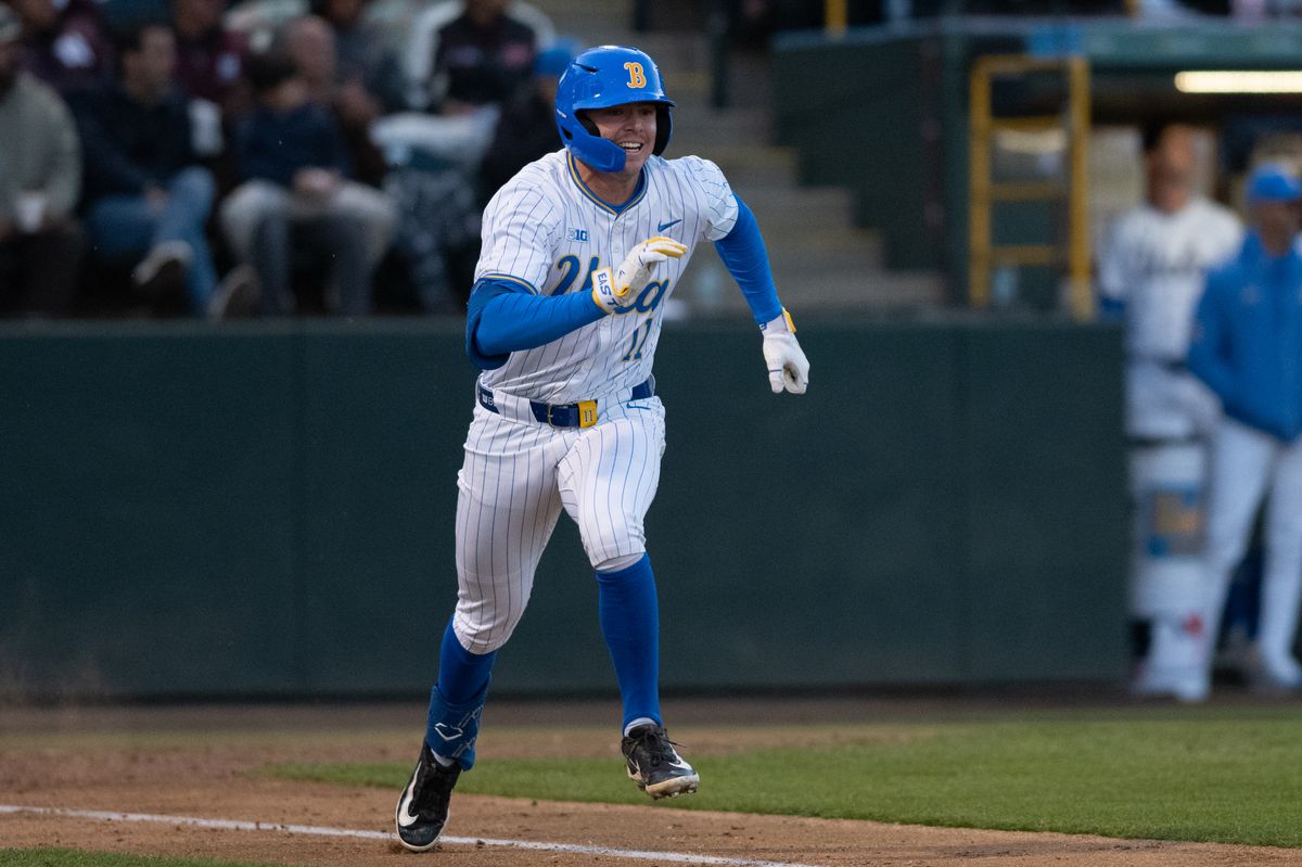 UCLA outfielder Payton Brennan (11) sprints to first base during a game between TCU and UCLA on Friday, February 20,2026 at Jackie Robinson Stadium in Los Angeles Calif