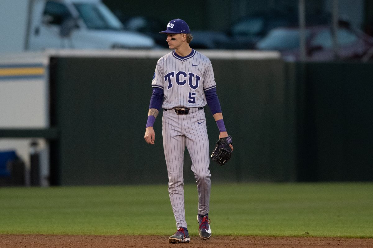 TCU shortstop Lucas Franco (5) gets into position during a game between TCU and UCLA on Friday, February 20,2026 at Jackie Robinson Stadium in Los Angeles Calif