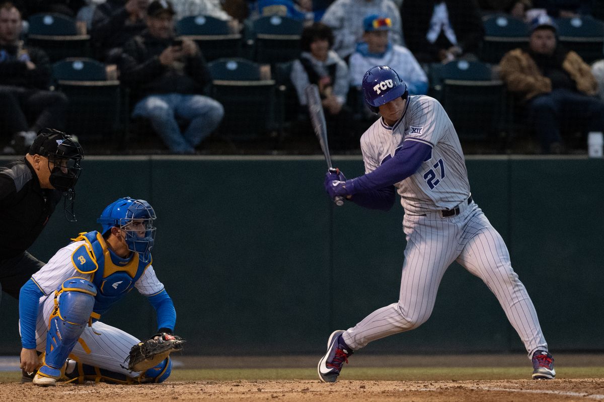 TCU catcher Brady Dallimore (27) checks his swing during a game between TCU and UCLA on Friday, February 20,2026 at Jackie Robinson Stadium in Los Angeles Calif