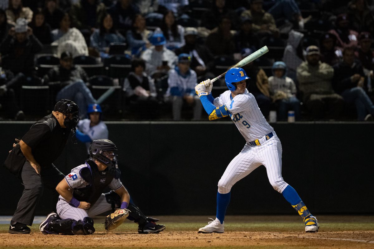 UCLA center fielder Will Gasparino (9) at bat during a game between TCU and UCLA on Friday, February 20,2026 at Jackie Robinson Stadium in Los Angeles Calif