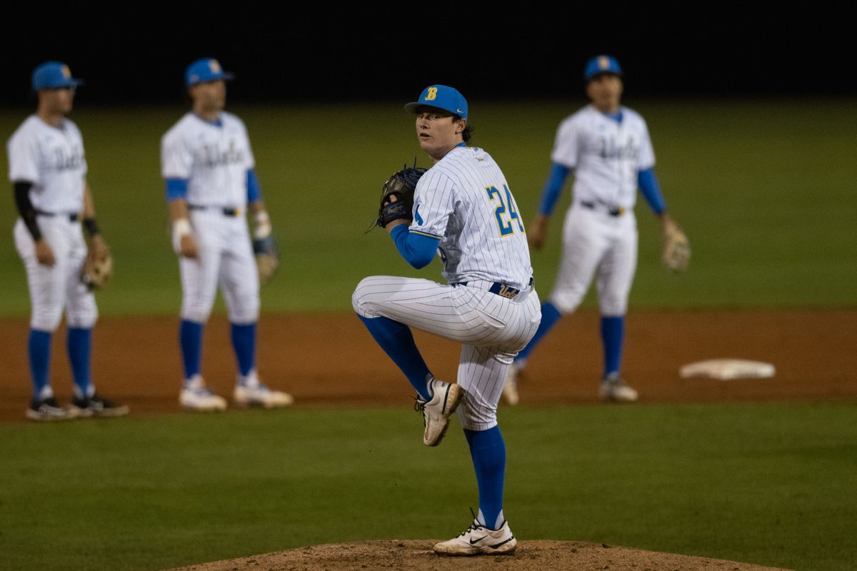 UCLA pitcher Logan Reddemann (24) throws warm up pitches during a game between TCU and UCLA on Friday, February 20,2026 at Jackie Robinson Stadium in Los Angeles Calif