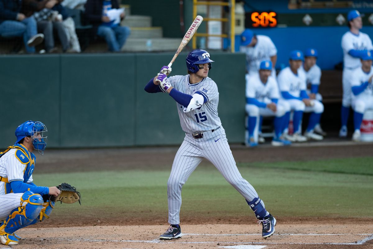 TCU outfielder Chase Brunson (15) at bat during a game between TCU and UCLA on Friday, February 20,2026 at Jackie Robinson Stadium in Los Angeles Calif
