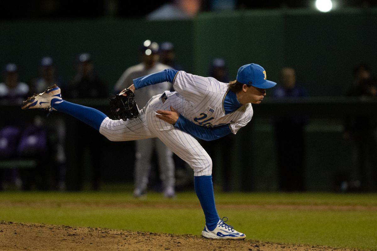 UCLAS pitcher Ian May (10) throws a ptich during a game between TCU and UCLA on Friday, February 20,2026 at Jackie Robinson Stadium in Los Angeles Calif
