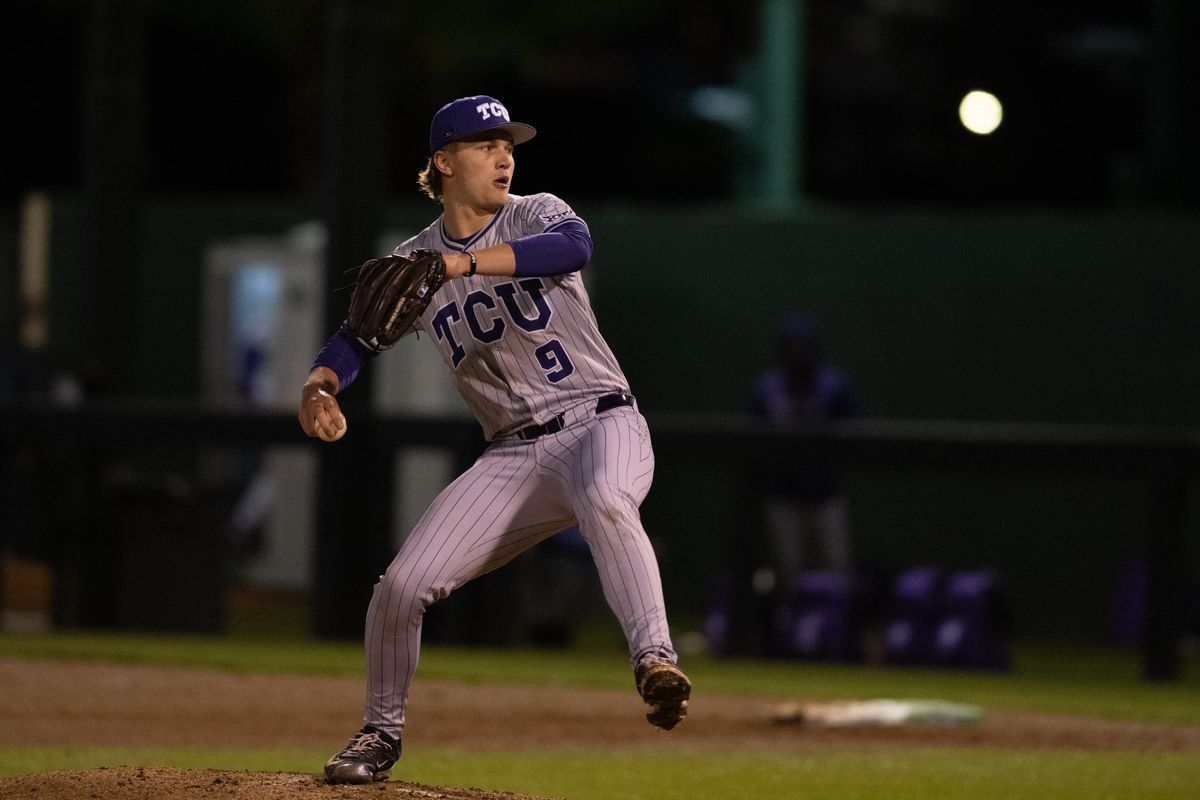 TCU pitcher Trever Baumler (9) throws a pitch during a game between TCU and UCLA on Friday, February 20,2026 at Jackie Robinson Stadium in Los Angeles Calif