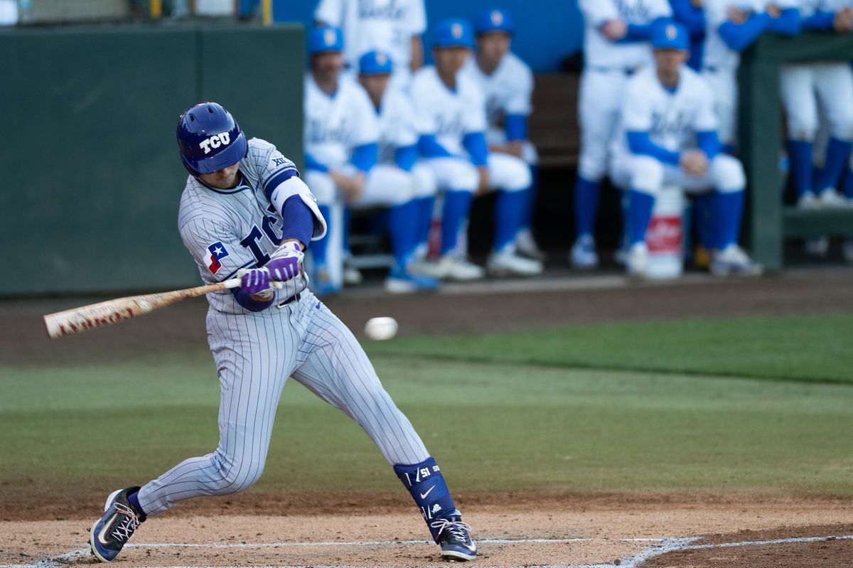 TCU outfielder Chase Brunson (15) swings and makes contact during a game between TCU and UCLA on Friday, February 20,2026 at Jackie Robinson Stadium in Los Angeles Calif