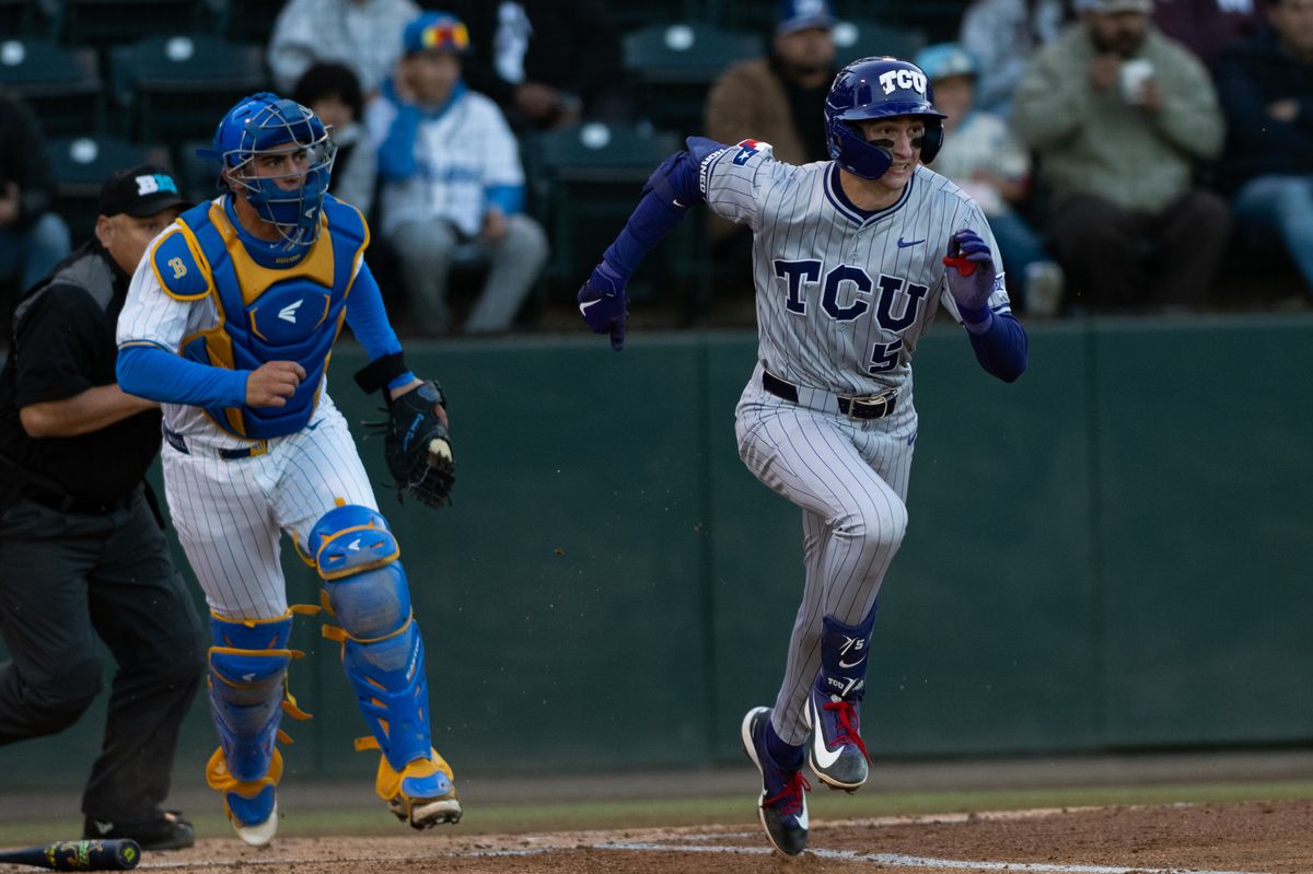 TCU shortstop Lucas Franco (5) runs to first base after a base hit during a game between TCU and UCLA on Friday, February 20,2026 at Jackie Robinson Stadium in Los Angeles Calif