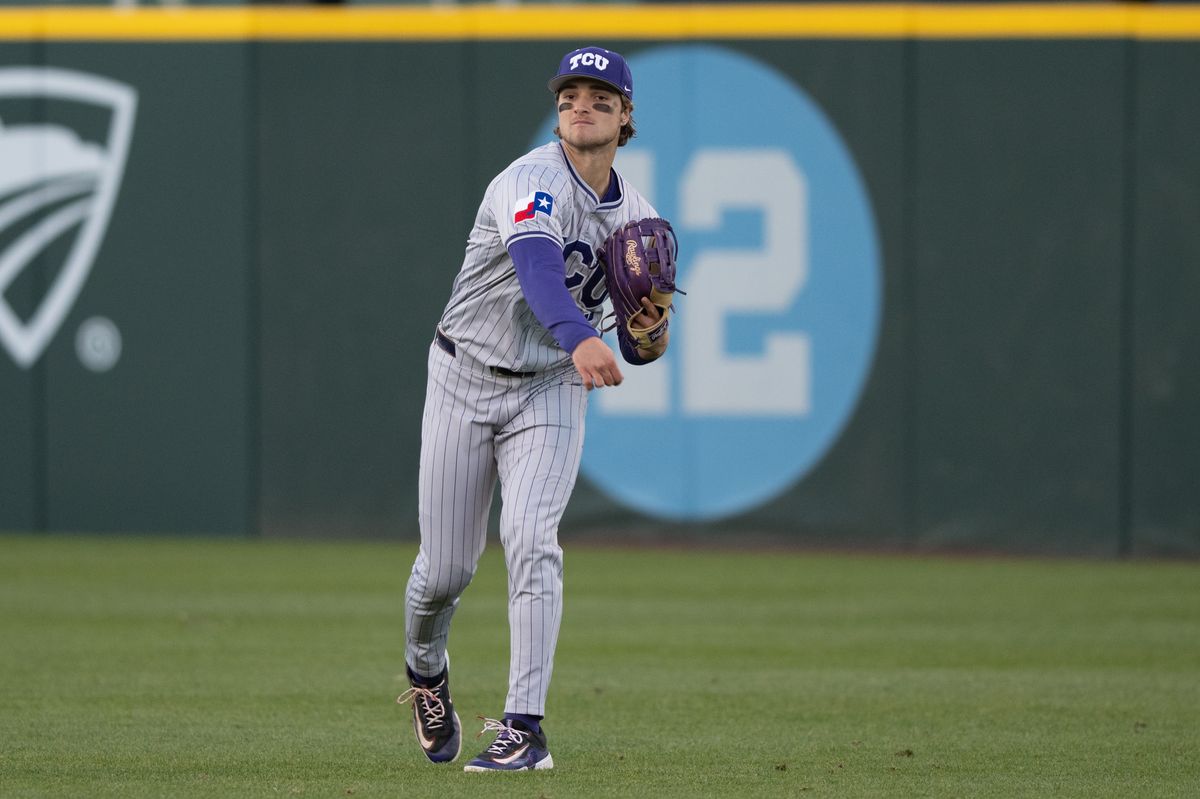 TCU outfielder Chase Brunson (15) delivers warm up throws during a game between TCU and UCLA on Friday, February 20,2026 at Jackie Robinson Stadium in Los Angeles Calif