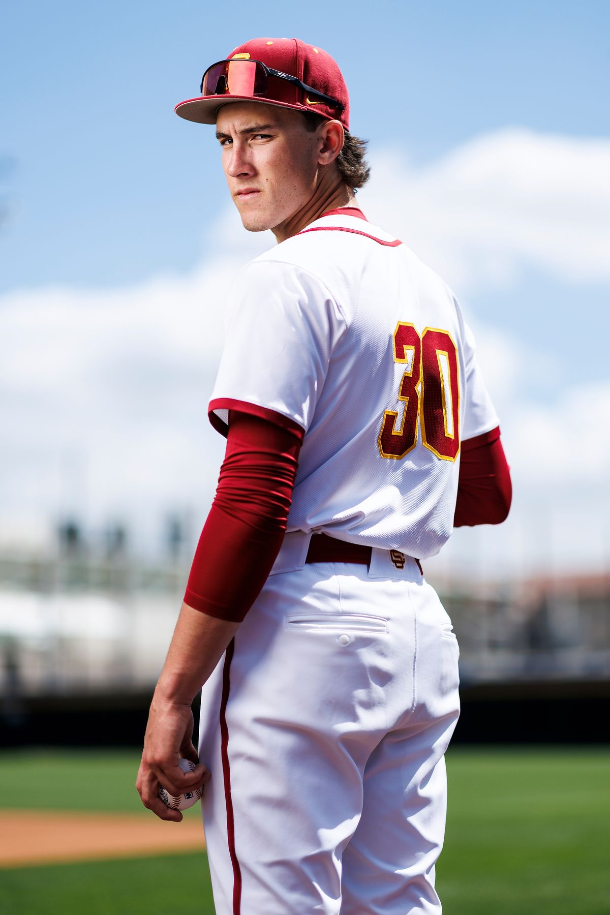 Mason Edwards #30 of USC Trojans poses for a portrait at Dedeaux Field on April 1, 2026 in Los Angeles, California. 
