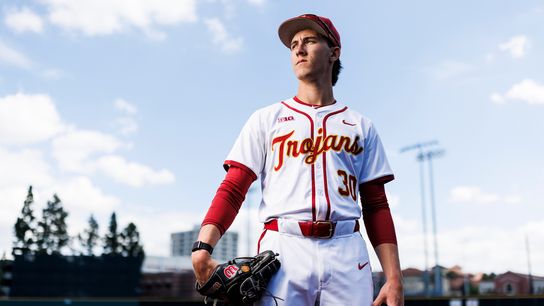 Mason Edwards #30 of USC Trojans poses for a portrait at Dedeaux Field on April 1, 2026 in Los Angeles, California. Mason Edwards #30 of USC Trojans poses for a portrait at Dedeaux Field on April 1, 2026 in Los Angeles, California.