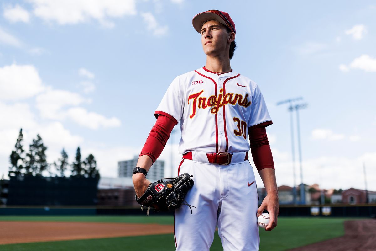 Mason Edwards #30 of USC Trojans poses for a portrait at Dedeaux Field on April 1, 2026 in Los Angeles, California. 