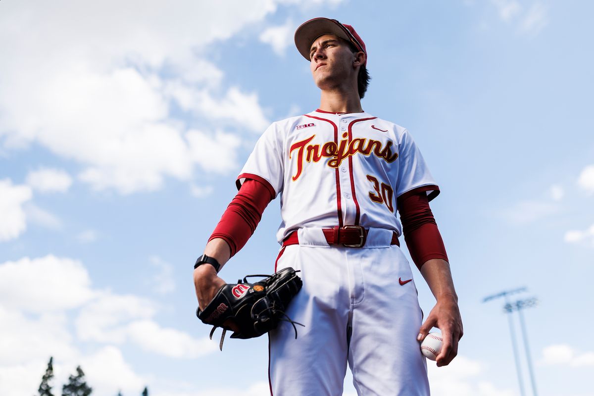 Mason Edwards #30 of USC Trojans poses for a portrait at Dedeaux Field on April 1, 2026 in Los Angeles, California. 