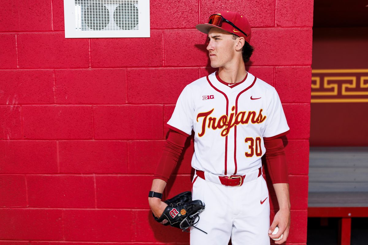 Mason Edwards #30 of USC Trojans poses for a portrait at Dedeaux Field on April 1, 2026 in Los Angeles, California. 