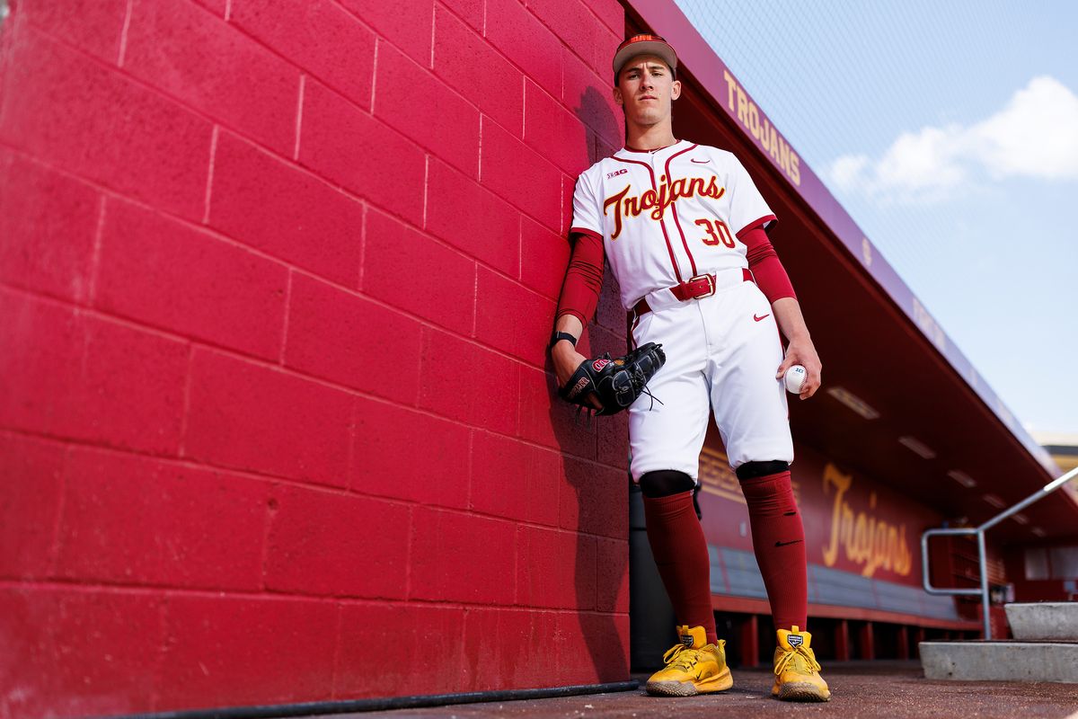Mason Edwards #30 of USC Trojans poses for a portrait at Dedeaux Field on April 1, 2026 in Los Angeles, California. 