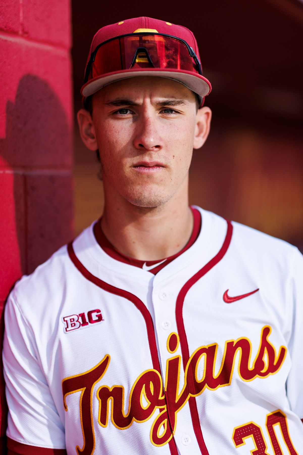 Mason Edwards #30 of USC Trojans poses for a portrait at Dedeaux Field on April 1, 2026 in Los Angeles, California. 