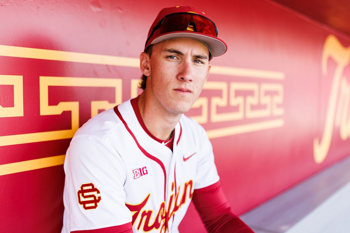 Mason Edwards #30 of USC Trojans poses for a portrait at Dedeaux Field on April 1, 2026 in Los Angeles, California. 