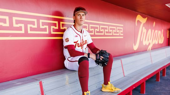 Mason Edwards #30 of USC Trojans poses for a portrait at Dedeaux Field on April 1, 2026 in Los Angeles, California. Mason Edwards #30 of USC Trojans poses for a portrait at Dedeaux Field on April 1, 2026 in Los Angeles, California.