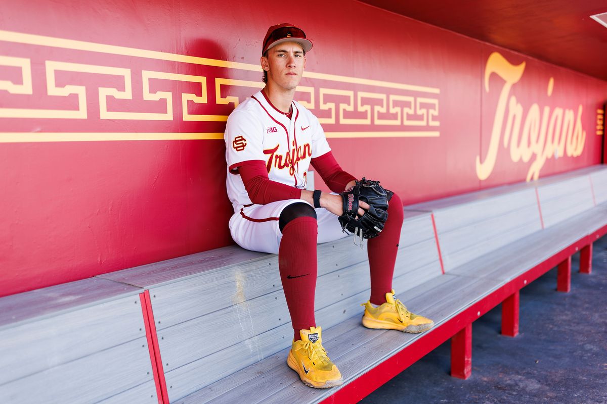 Mason Edwards #30 of USC Trojans poses for a portrait at Dedeaux Field on April 1, 2026 in Los Angeles, California. 