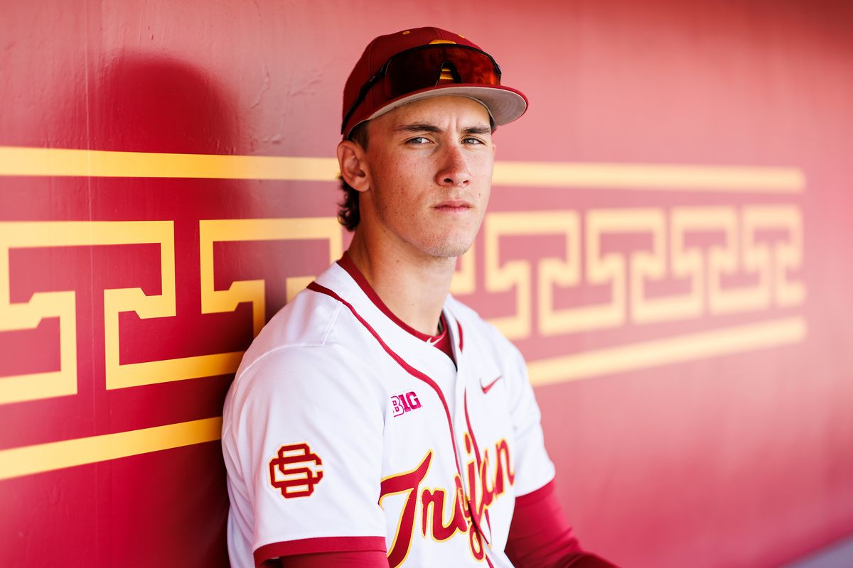 Mason Edwards #30 of USC Trojans poses for a portrait at Dedeaux Field on April 1, 2026 in Los Angeles, California. 