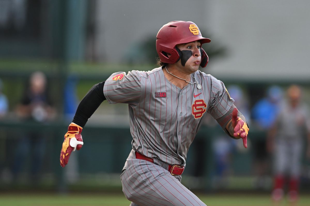 USC Trojans infielder Abbrie Covarrubias (7) runs after making contact during an NCAA baseball game between University of Southern California and University of California Los Angeles on Friday, April 3, 2026 at Jackie Robinson Stadium in Los Angeles Calif USC Trojans infielder Abbrie Covarrubias (7) runs after making contact during an NCAA baseball game between University of Southern California and University of California Los Angeles on Friday, April 3, 2026 at Jackie Robinson Stadium in Los Angeles Calif